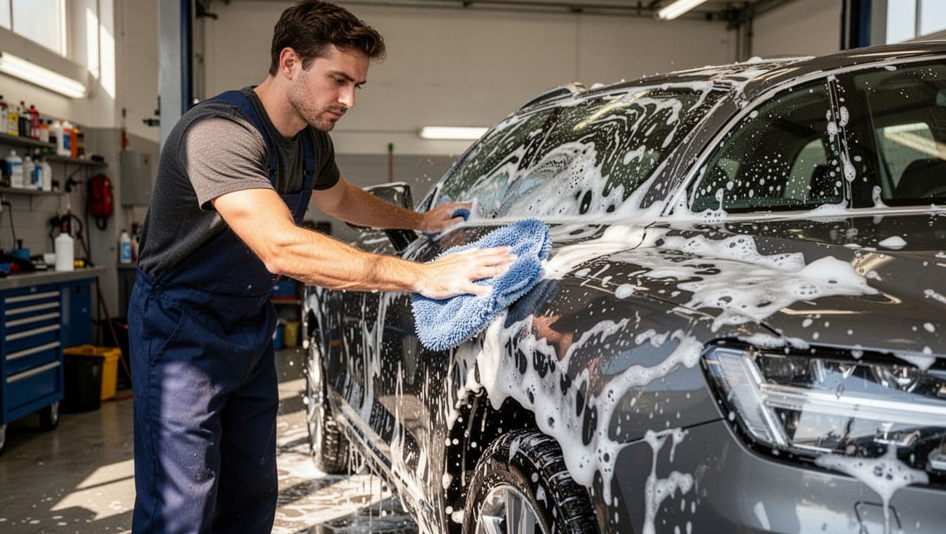 A detailer gently washes a car exterior with soapy suds and a soft mitt.