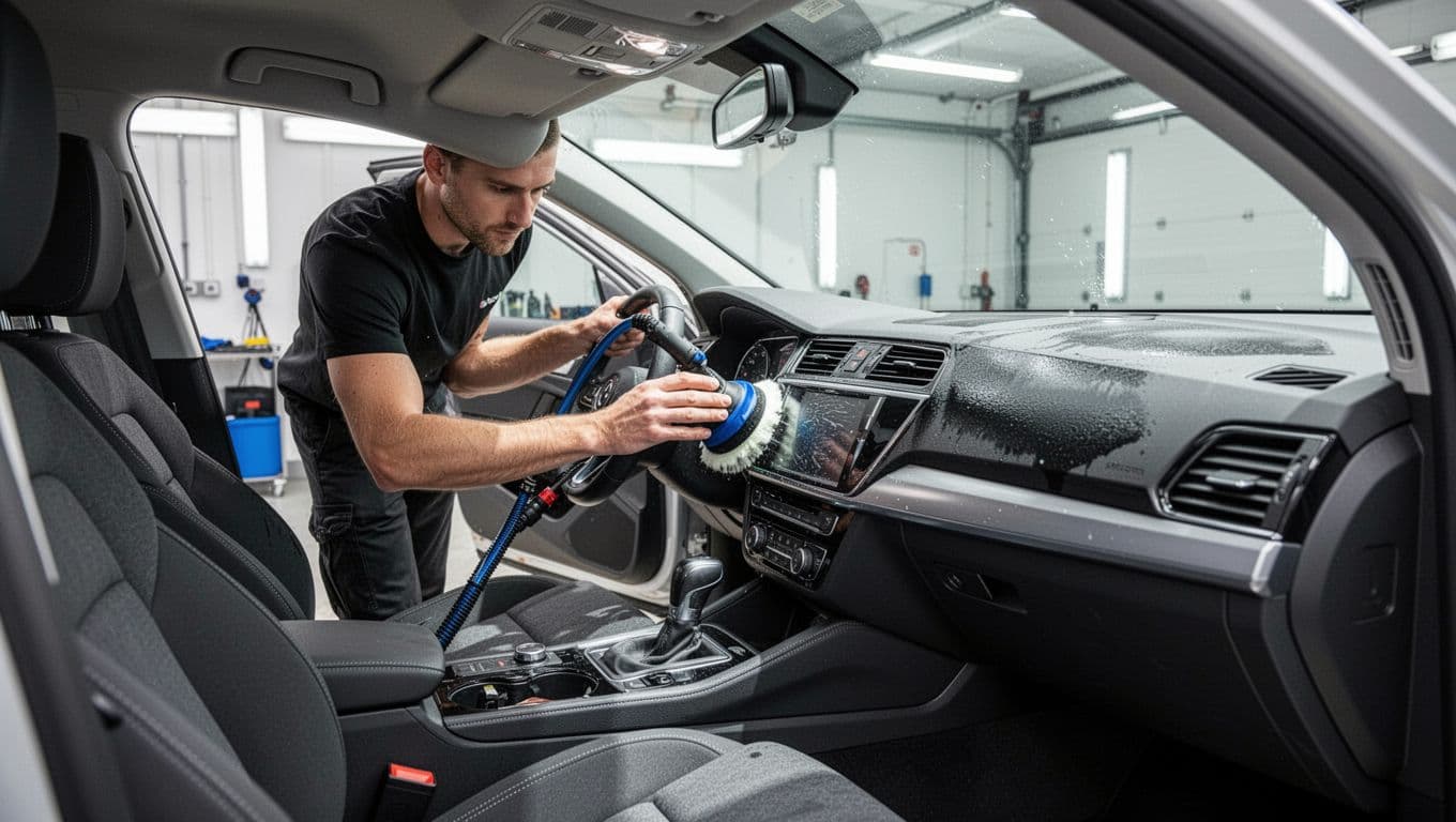 A professional detailer cleaning a car dashboard with specialized tools inside a bright garage.