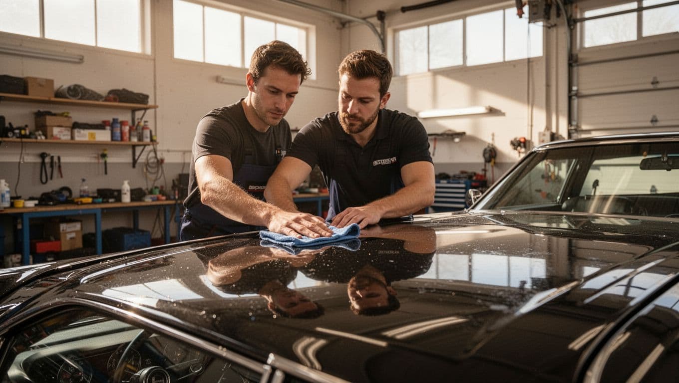 An auto detailer cleaning a shiny car dashboard inside a garage.
