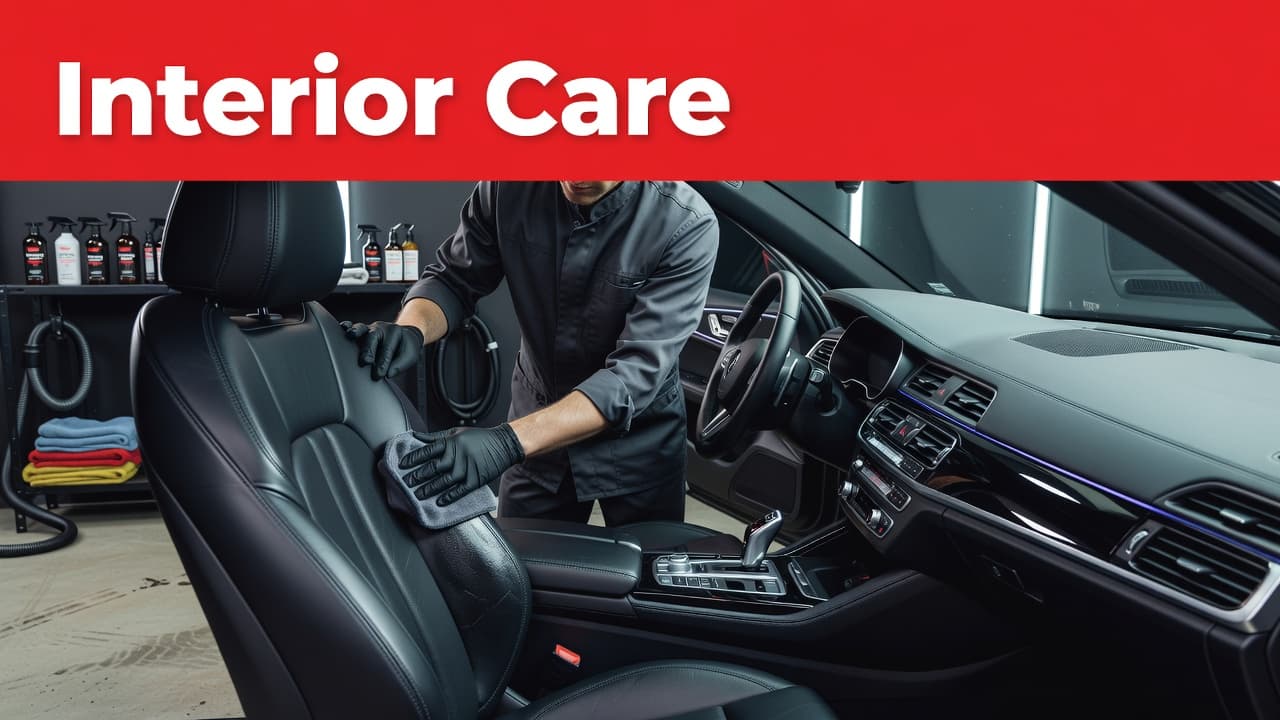 A gloved worker detailing a clean car interior and leather seat in a modern garage.