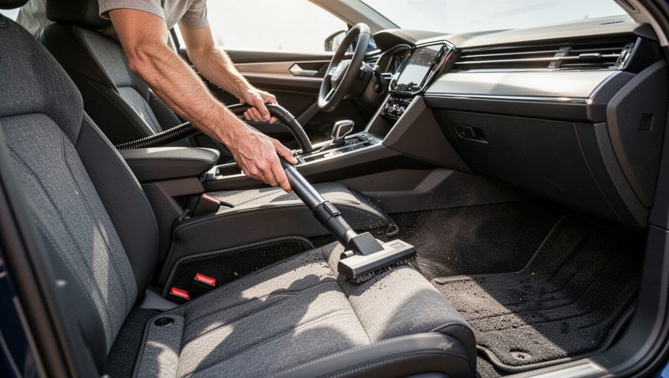 A focused close-up shot shows a hand using a specialized vacuum nozzle to extract dust from deep within the woven fibers of a dark vehicle floor mat and textured carpet.