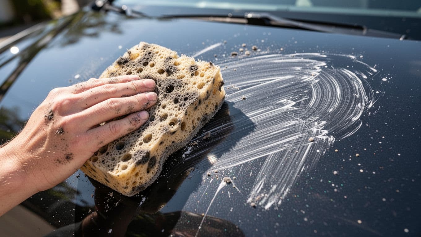 A dirty sponge drags across dark, reflective automotive paint, revealing numerous light swirl marks and deep imperfections under bright studio lighting. A bold red banner warns about proper washing techniques.
