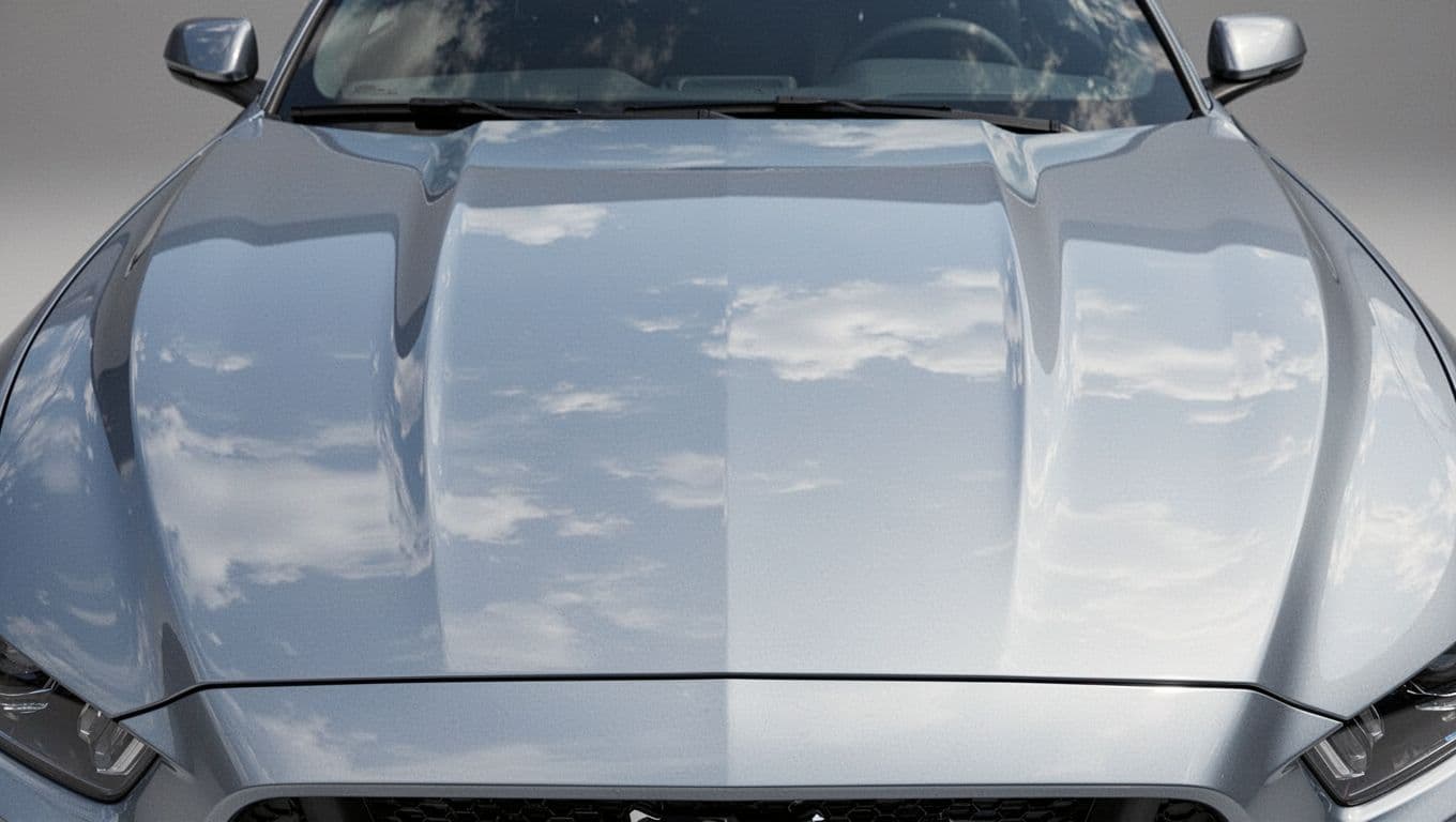 A smooth and shiny car hood reflecting a clear sky.