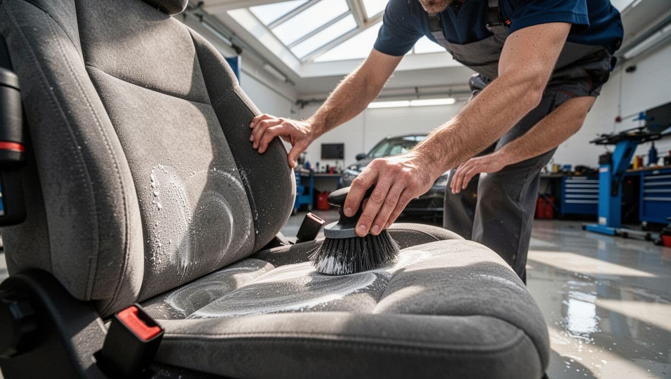 A technician cleaning vehicle leather seats inside a bright workshop.