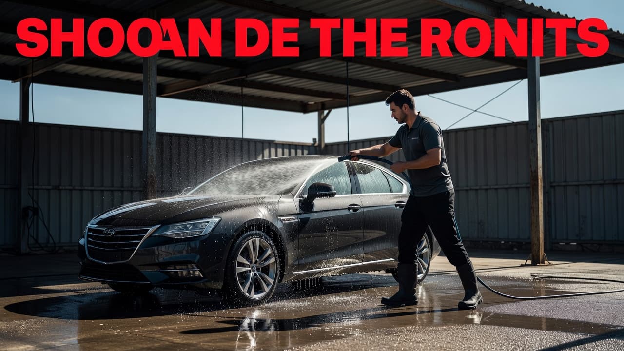 A person washing a car with clean water spray under a shaded canopy.