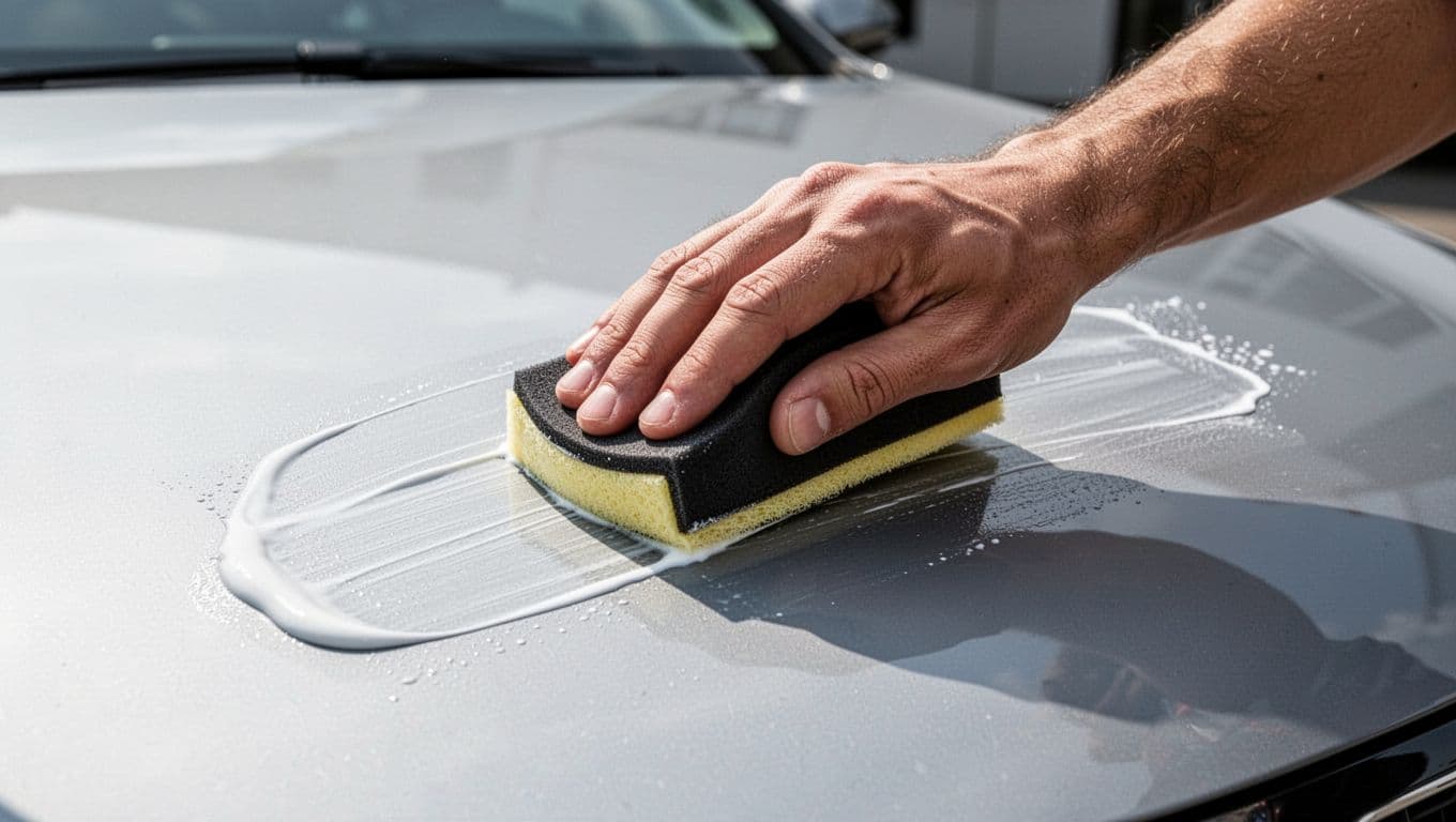 A person applying white wax to a clean surface with a cloth.