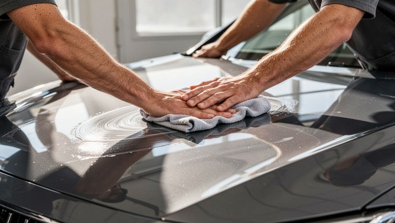 A person polishing a shiny red car hood with wax.