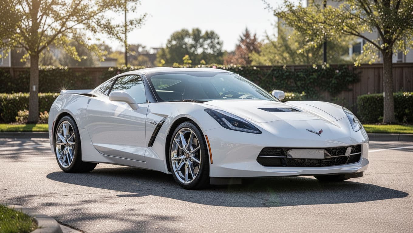A sleek white sports car parked outdoors with a bright, reflective finish.