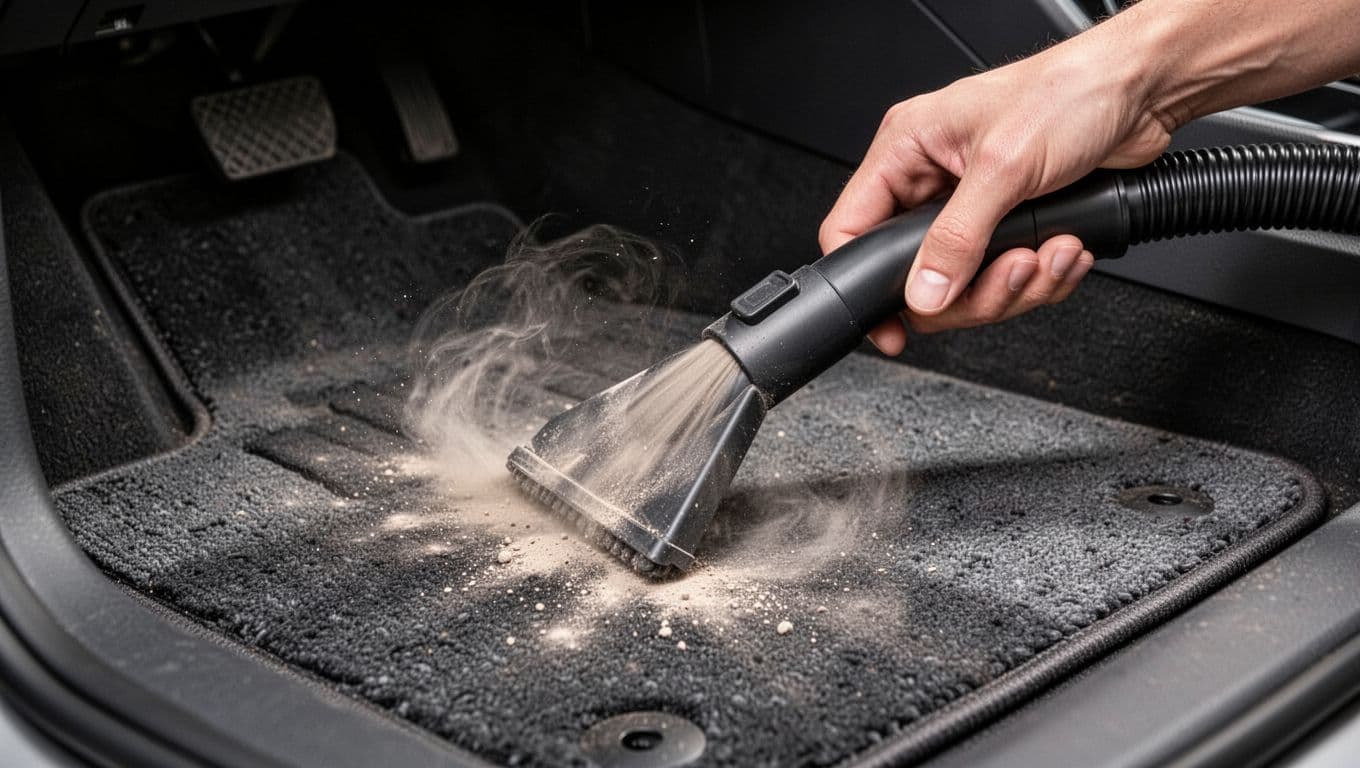 A close-up view shows a vacuum nozzle removing fine dust particles from a dark grey textured fabric floor mat. A bold red strip at the top features clean white text.