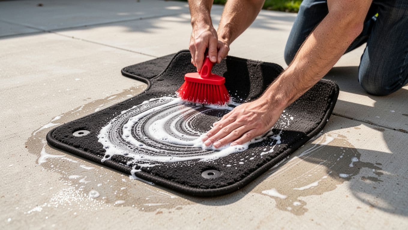 A person cleaning dirty car mats on a sunny concrete driveway.