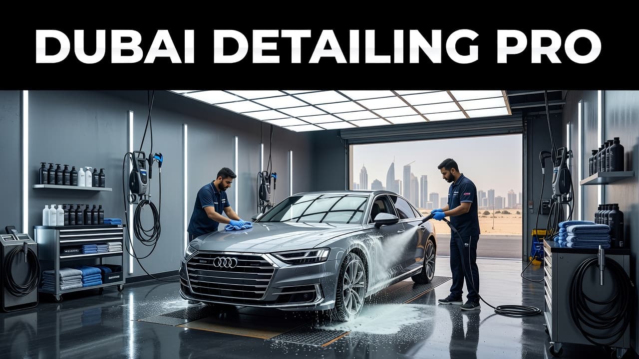 A luxury car undergoing professional detailing inside a brightly lit Dubai service facility.