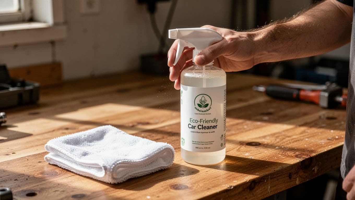 An eco-friendly car cleaner spray bottle and cloth on a wooden workbench.