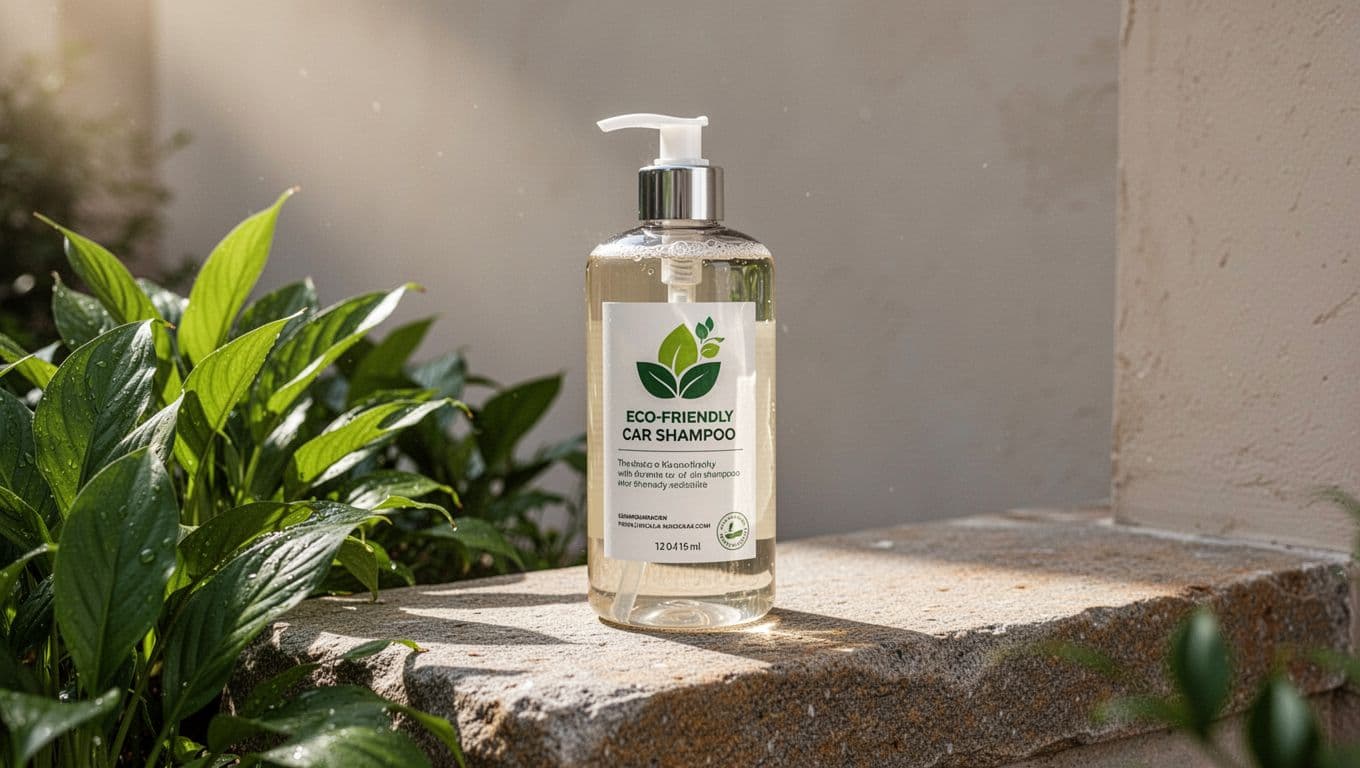 A sleek bottle of car shampoo resting on a stone ledge among green leaves.