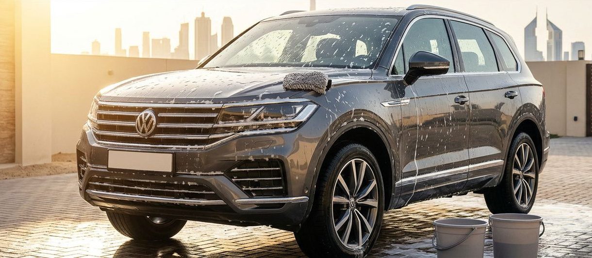 A dark SUV undergoing a rich foam wash in a sunny Dubai driveway.