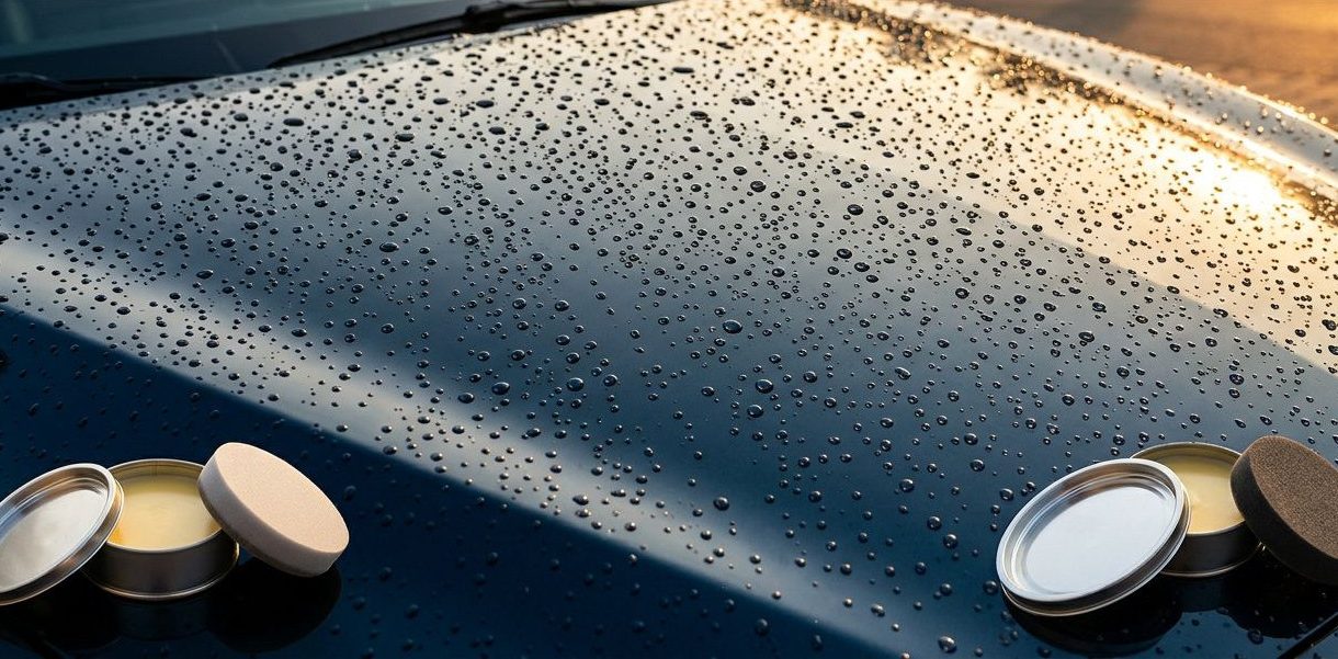 Close-up of a dark car hood with water beads and a wax jar in the corner.