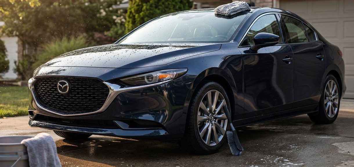 A dark sedan being hand-washed in a driveway with clean towels nearby.