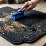 A scrub brush and spray bottle cleaning mud and coffee stains on a car mat.