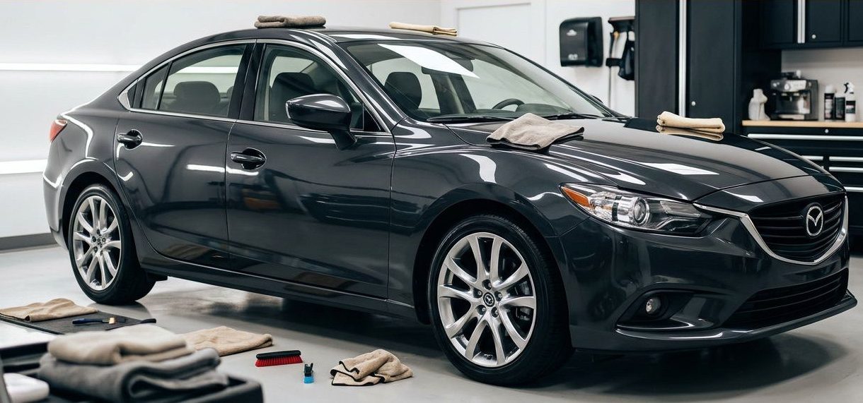 A clean dark sedan in a bright studio with a red banner at the top.