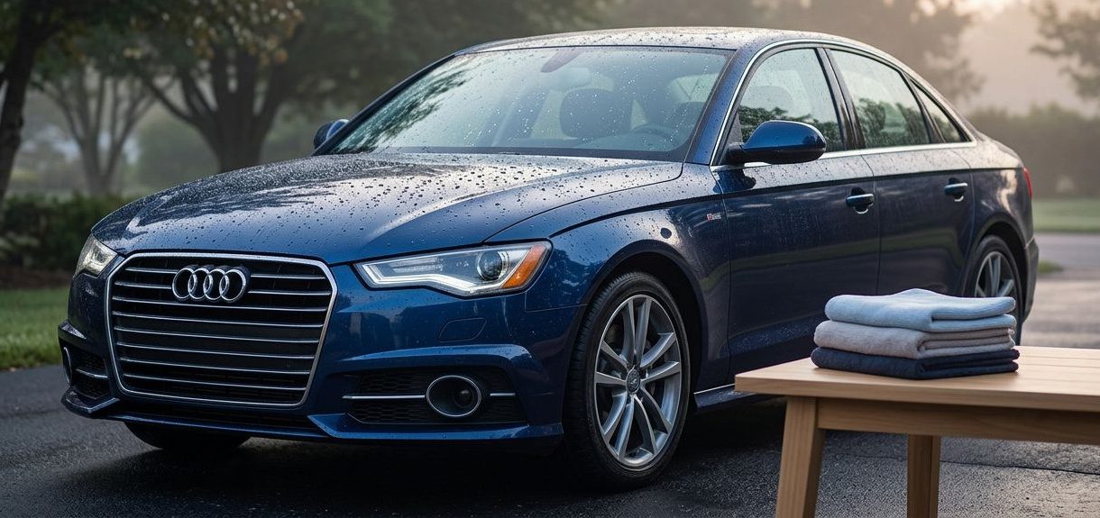 A spotless dark blue sedan in a shaded driveway with fresh water droplets.