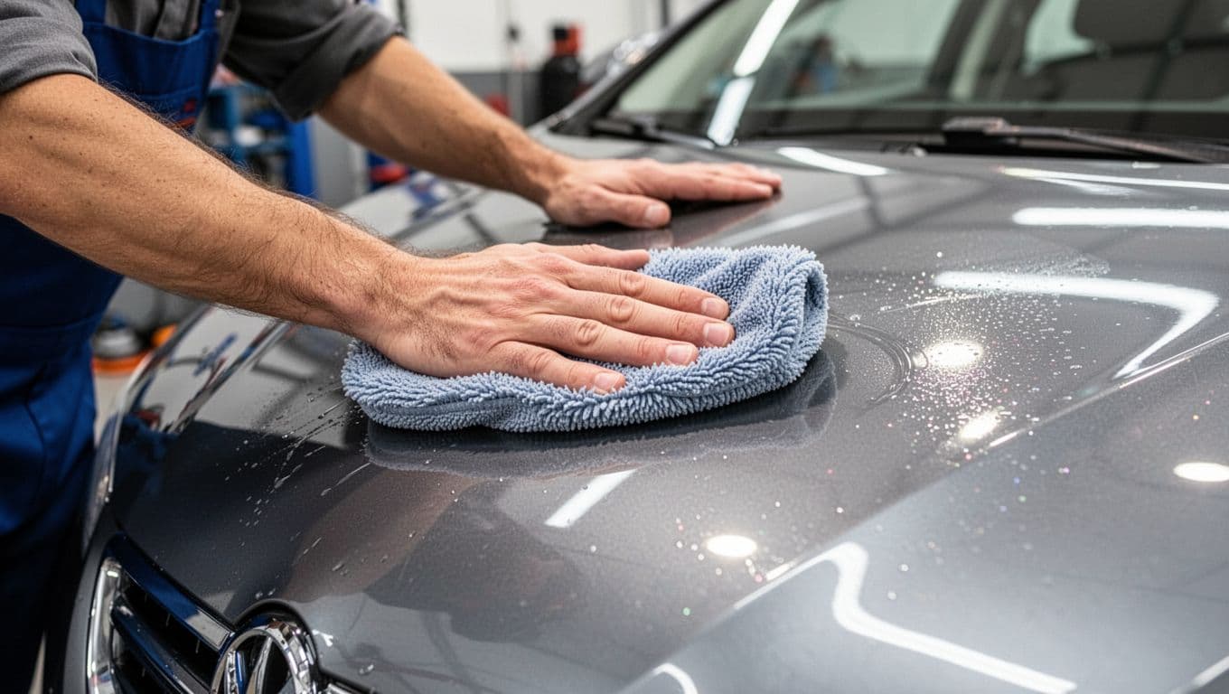 A close-up view shows a hand using a soft microfiber mitt to clean a glossy vehicle surface. The professional environment features diffuse lighting that highlights the careful, thorough washing motion.