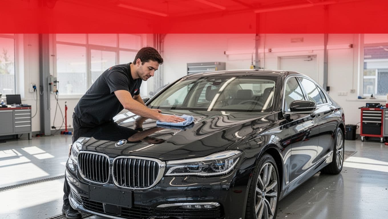 A detailer wiping down the dark hood of a luxury car in a bright garage.