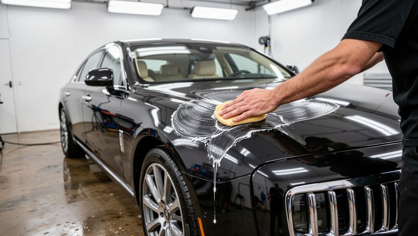 A technician applies carnauba wax to the hood of a luxury sedan in a bright studio.