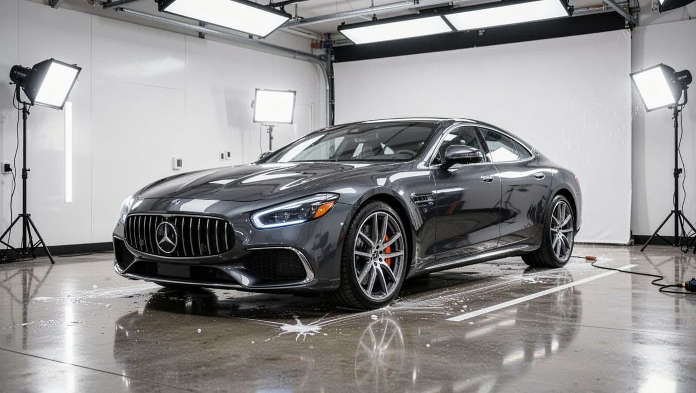 A sleek luxury car under bright studio lights inside a high-end detailing garage.