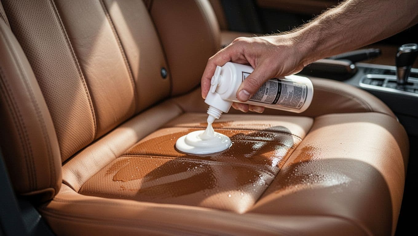 A professional detailer carefully wipes rich conditioner onto a premium leather car seat using a soft cloth. Close-up lighting emphasizes the supple material grain and depth of the tan upholstery.