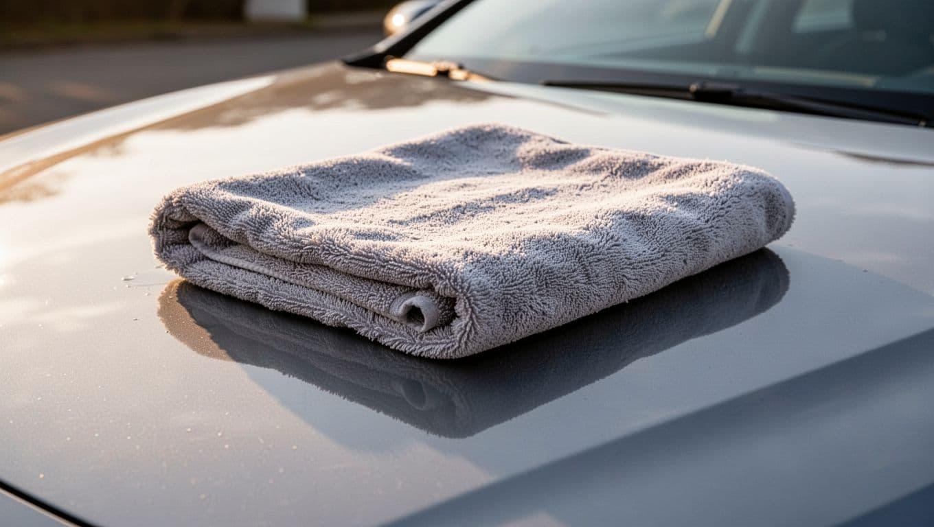 A soft microfiber cloth rests against the polished red hood of a vehicle. The morning light highlights the dense fabric texture contrasting with the reflective, clean surface of the car paint.