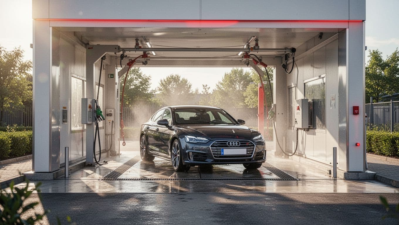 A clean sedan inside a modern wash bay under bright summer sunlight.