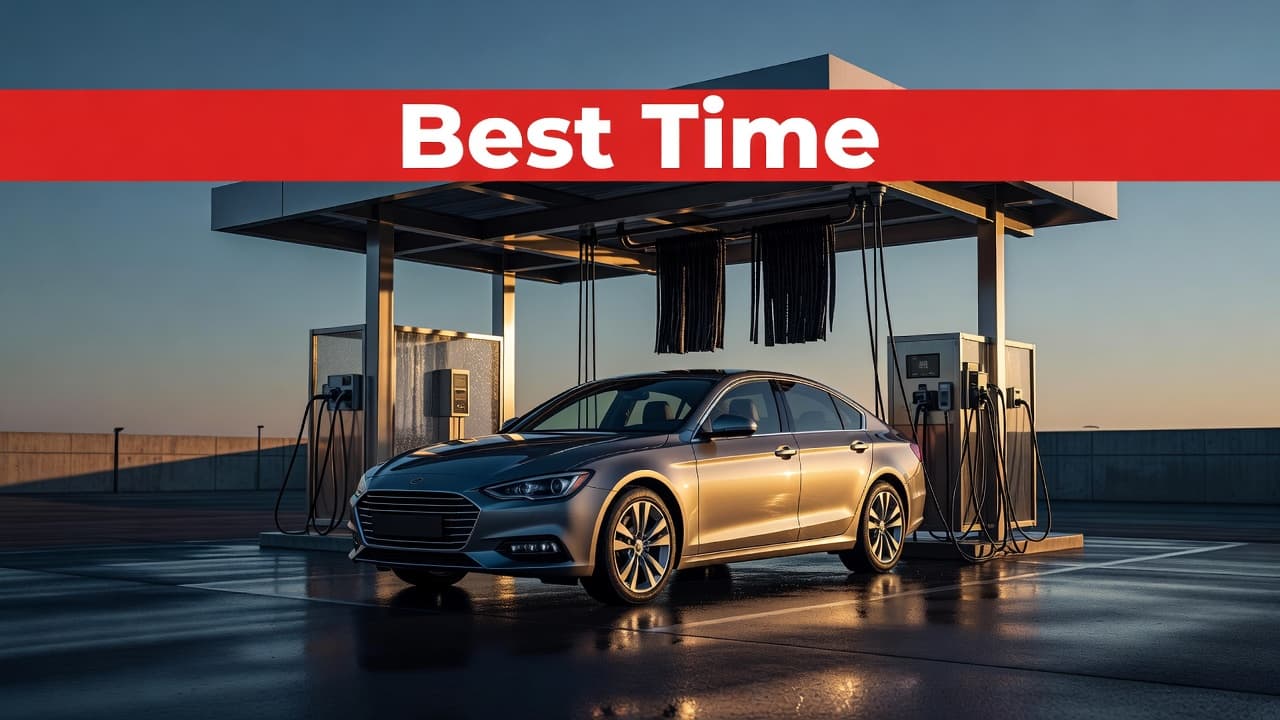 A silver sedan parked at a clean car wash station during early morning sunrise.