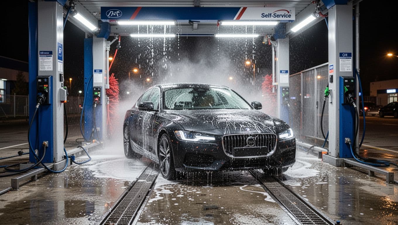 A dark car being washed in a brightly lit self-service bay at night.