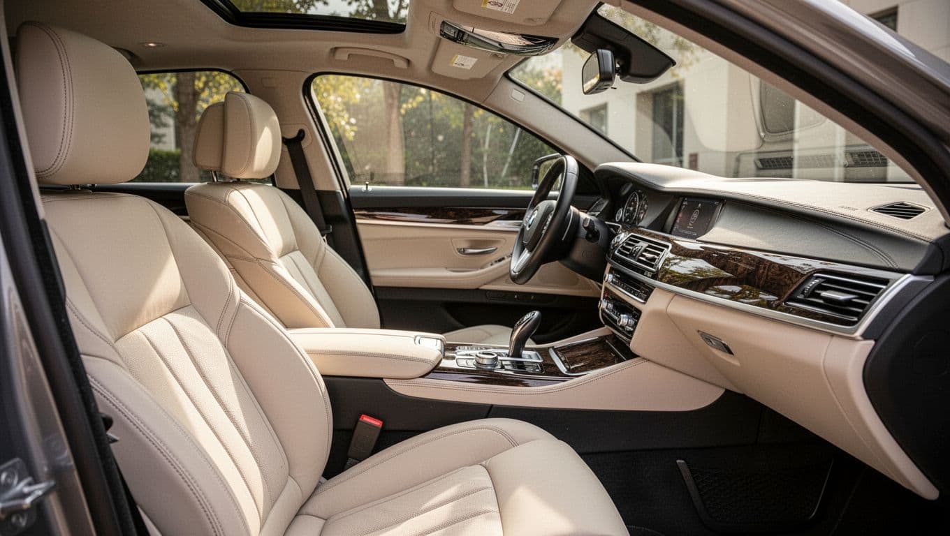 Soft sunlight highlights the spotless leather upholstery and polished dashboard of a luxury vehicle. The clean cabin showcases a professional detailing job with crisp surfaces and an organized, dust-free environment.