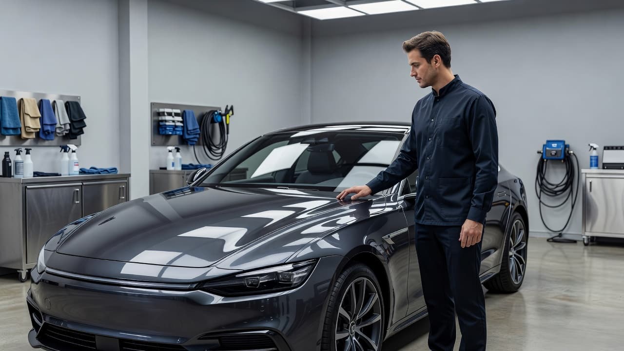 A technician stands beside a shiny car inside a brightly lit detailing studio.