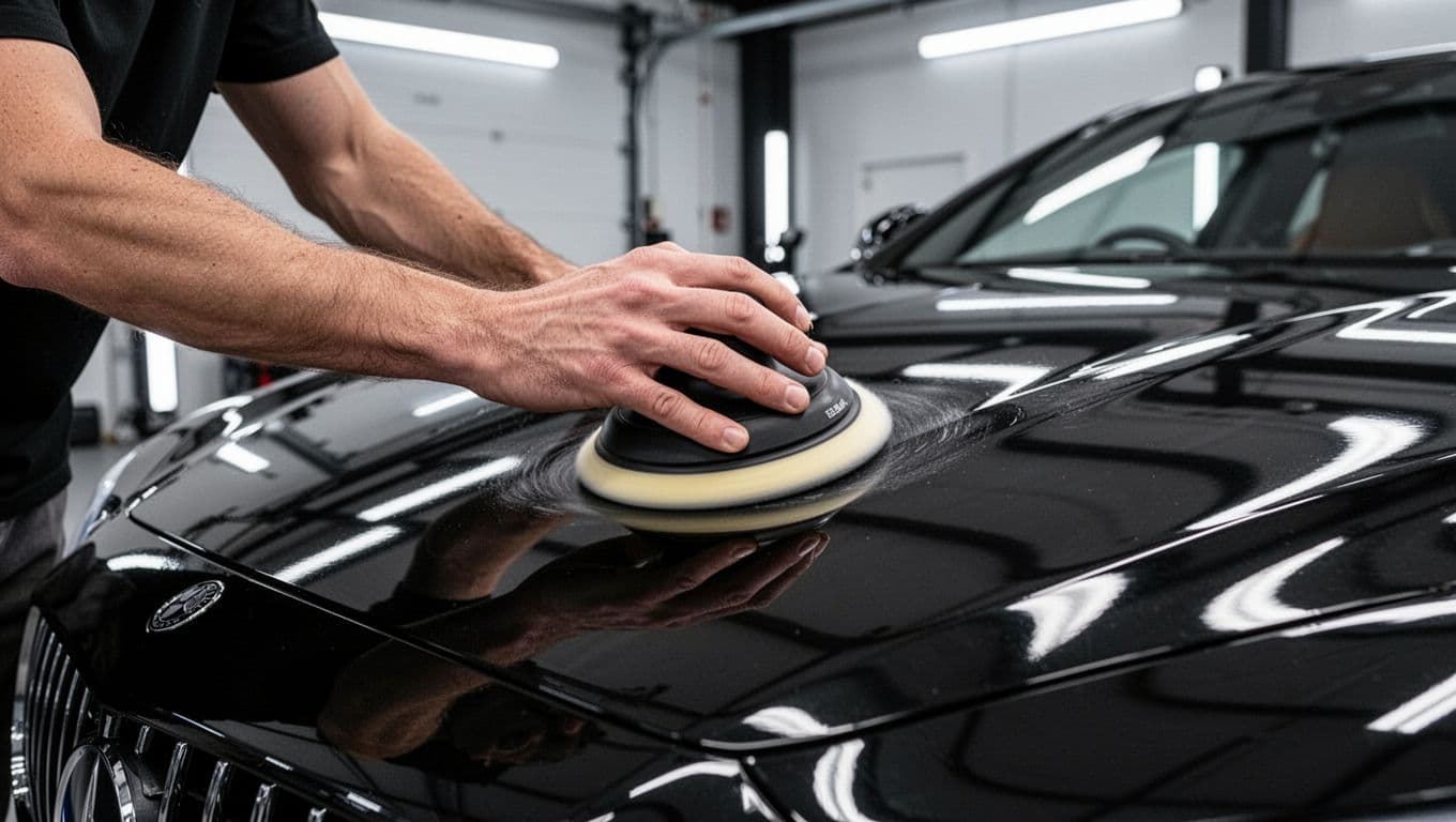 A professional detailer buffs a black car panel under bright studio lights.