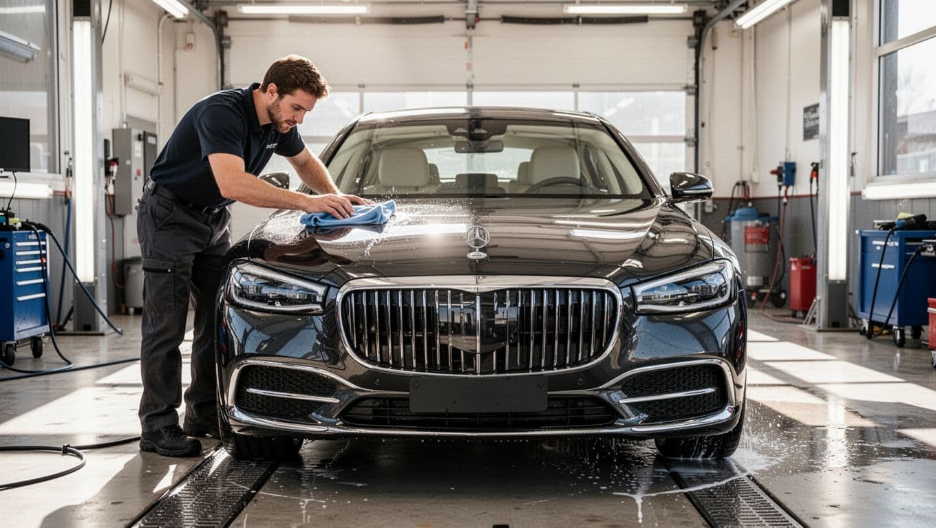 A technician detailing a luxury car inside a bright indoor wash bay.