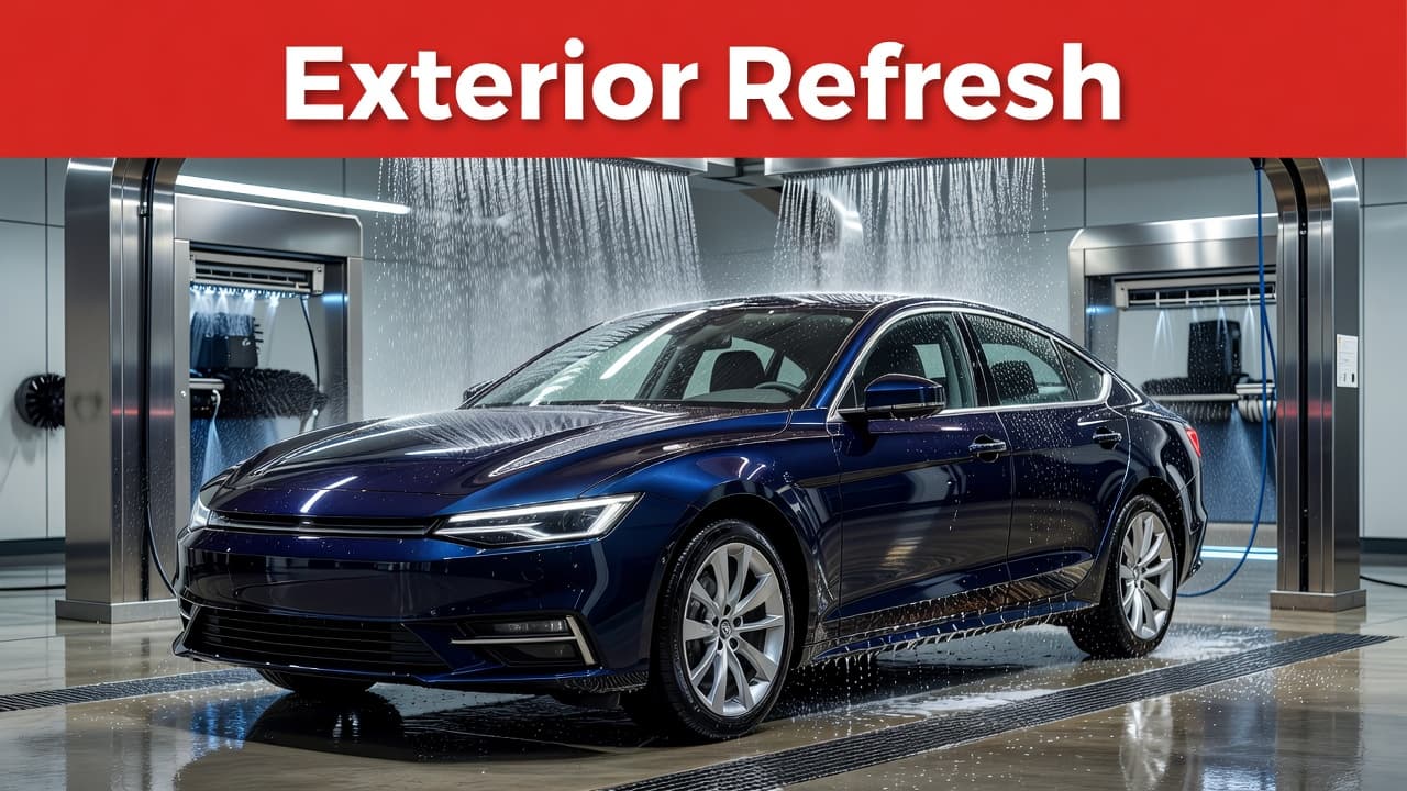 Water rinses a clean car exterior under bright lights.
