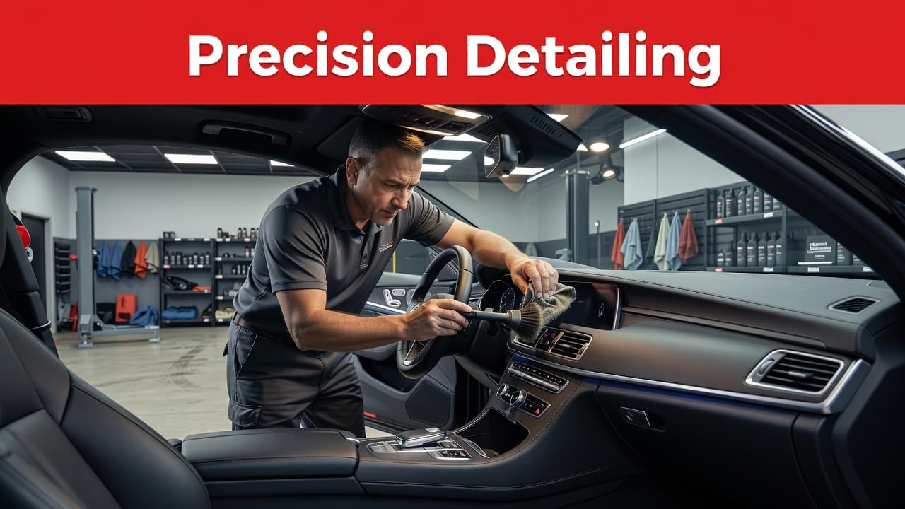 A professional technician carefully cleans a car dashboard with a soft brush inside a bright workshop.