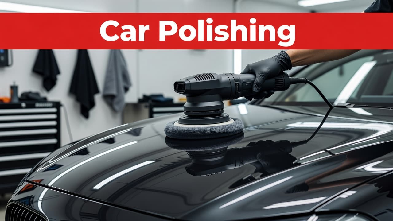 A handheld polishing machine rests on a glossy automotive hood, revealing a mirror-like finish. A red header bar featuring white sans-serif text sits above the blurred, organized workshop background.