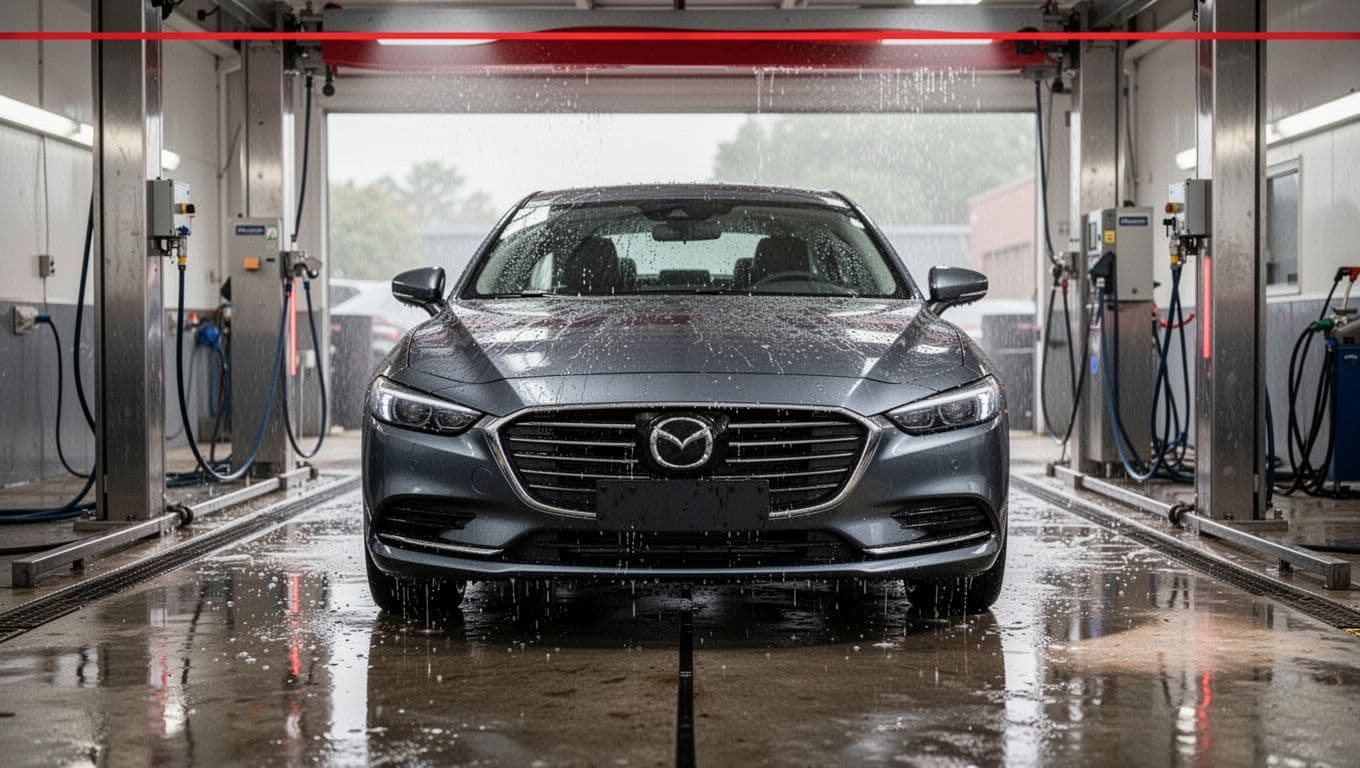 A clean car shines brightly inside a modern professional wash bay.