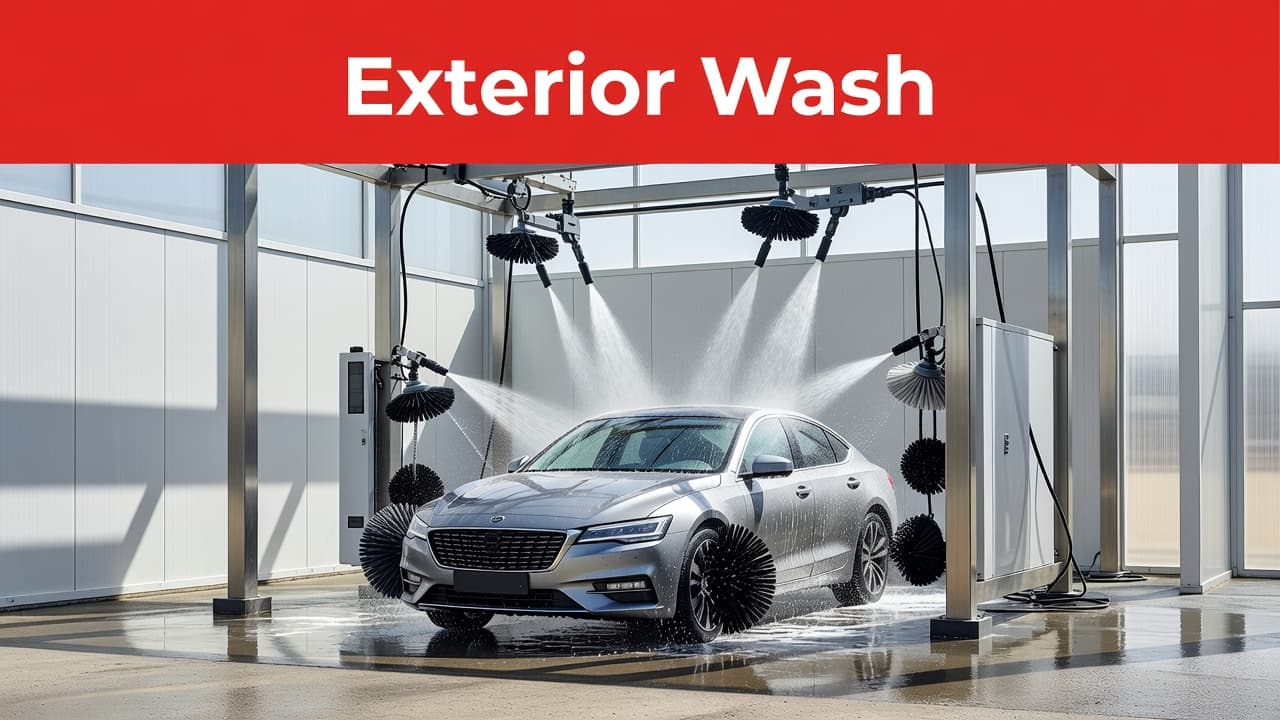 A modern facility cleans a vehicle under bright daylight, featuring a striking red horizontal band with white geometric signage. The high-contrast scene displays a streamlined, efficient approach to automotive care.