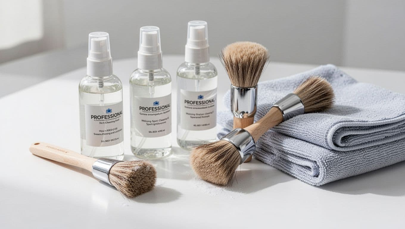 A collection of specialized cleaning bottles, soft bristles, and folded microfiber towels rests on a pristine white surface. These essential tools are prepared for removing stubborn stains from delicate upholstery.