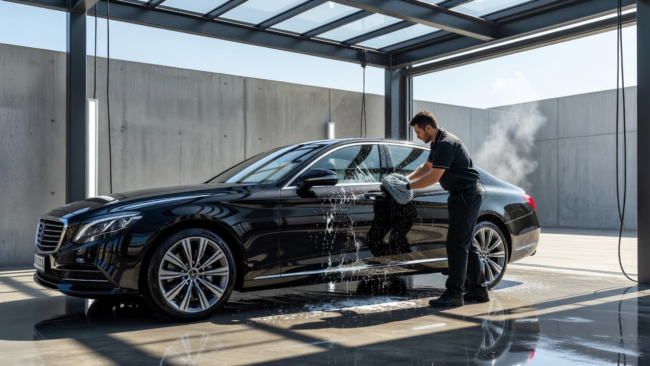A technician rinses soap from a luxury car inside a bright detailing bay.
