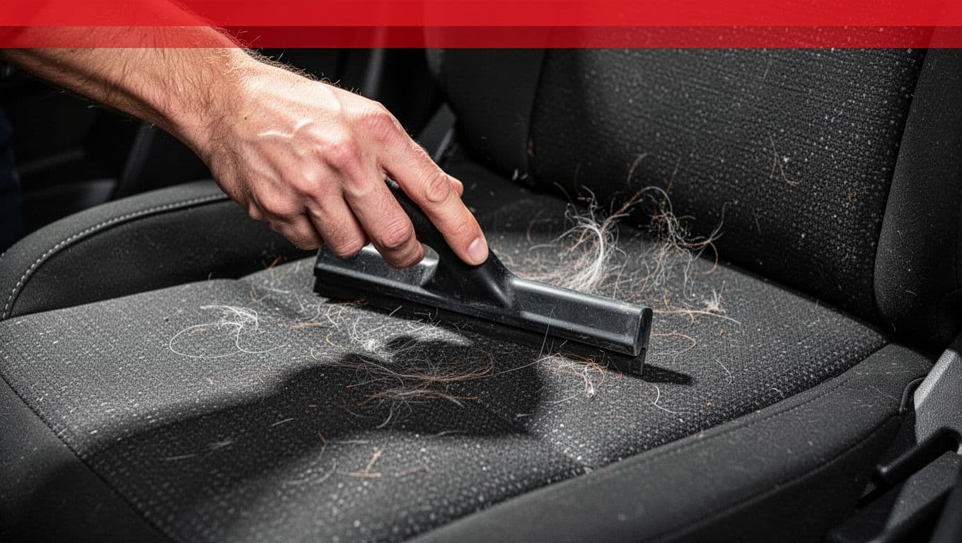 A close-up view shows a hand using a black rubber squeegee tool to swipe across dark fabric car upholstery. Collected gray fur piles up ahead of the tool's edge.