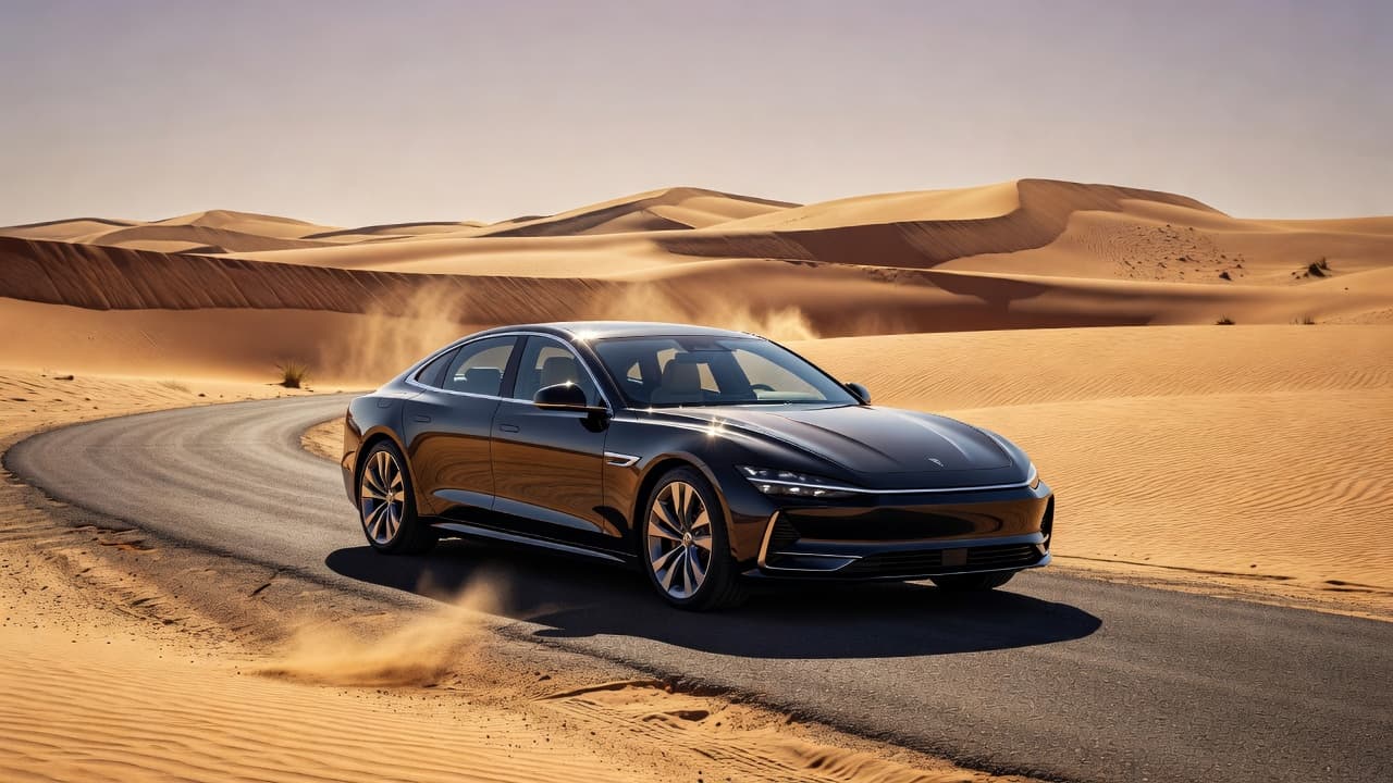 A polished silver sedan sits parked on a grey asphalt road stretching through vast golden sand dunes. Bright sunlight creates sharp highlights on the car exterior while casting long distinct shadows.