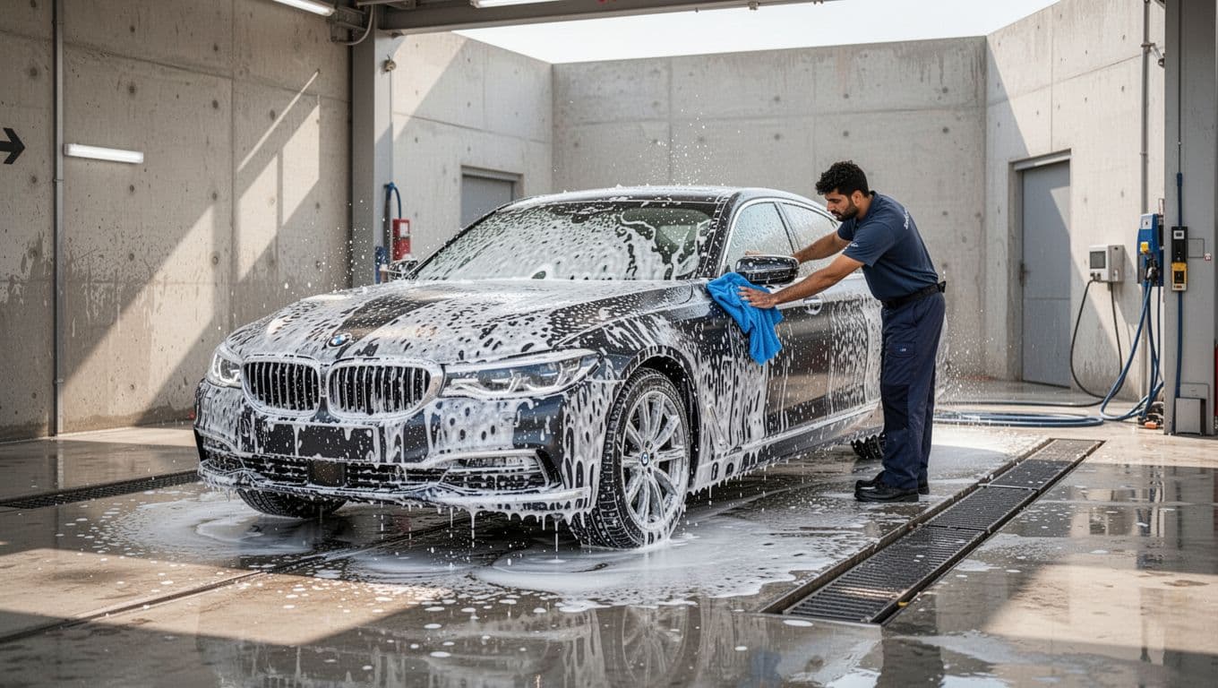 One worker wipes a foam-covered car in a modern washing bay with a red accent band.