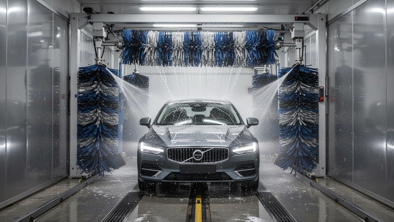 Modern car wash tunnel with soapy brushes and flowing water beneath a red header band.
