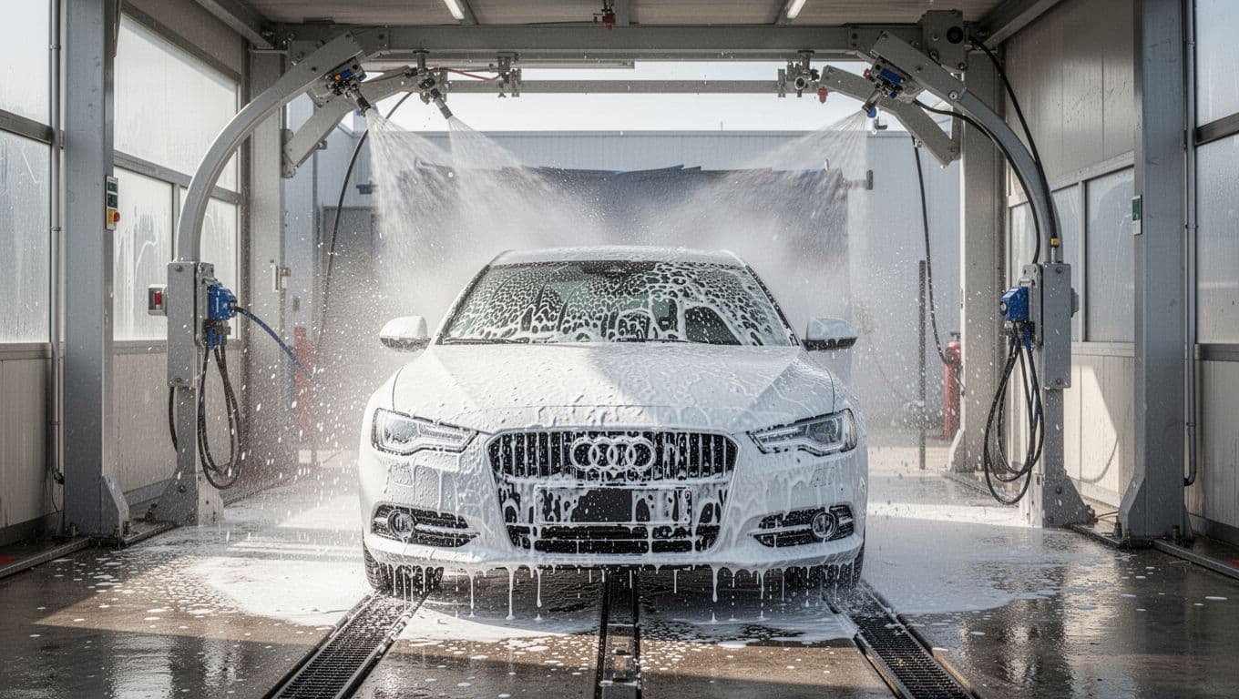 White sedan covered in foam inside an automatic car wash bay.