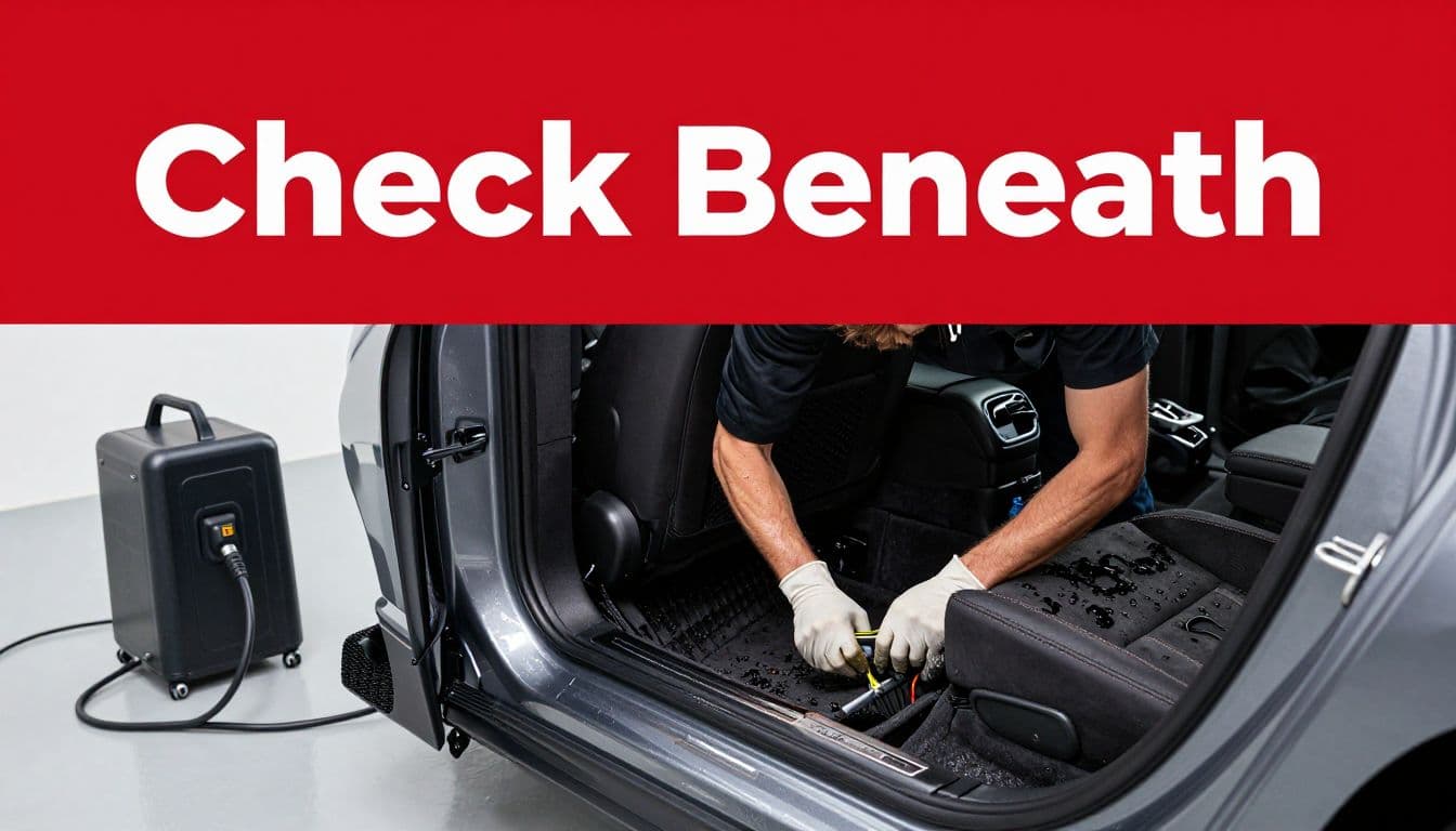 Detailer checks damp carpet and foam beneath a car seat beside drying equipment.