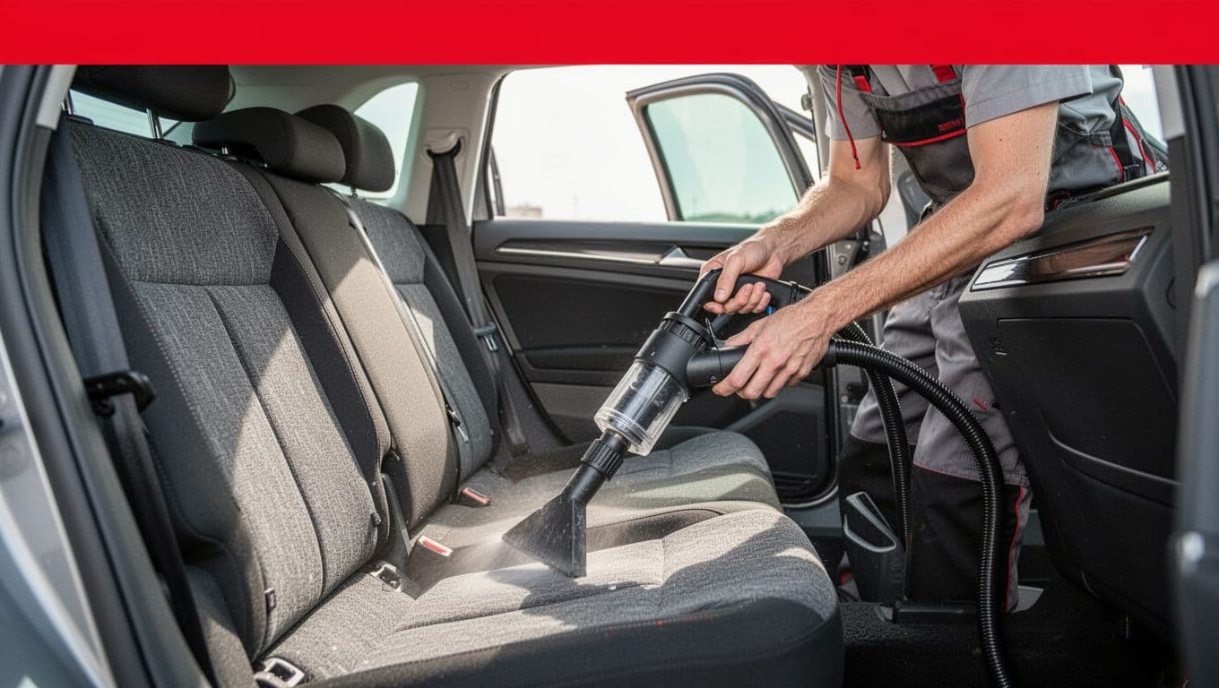 Technician using an extractor beside a fabric car seat in a bright vehicle interior.